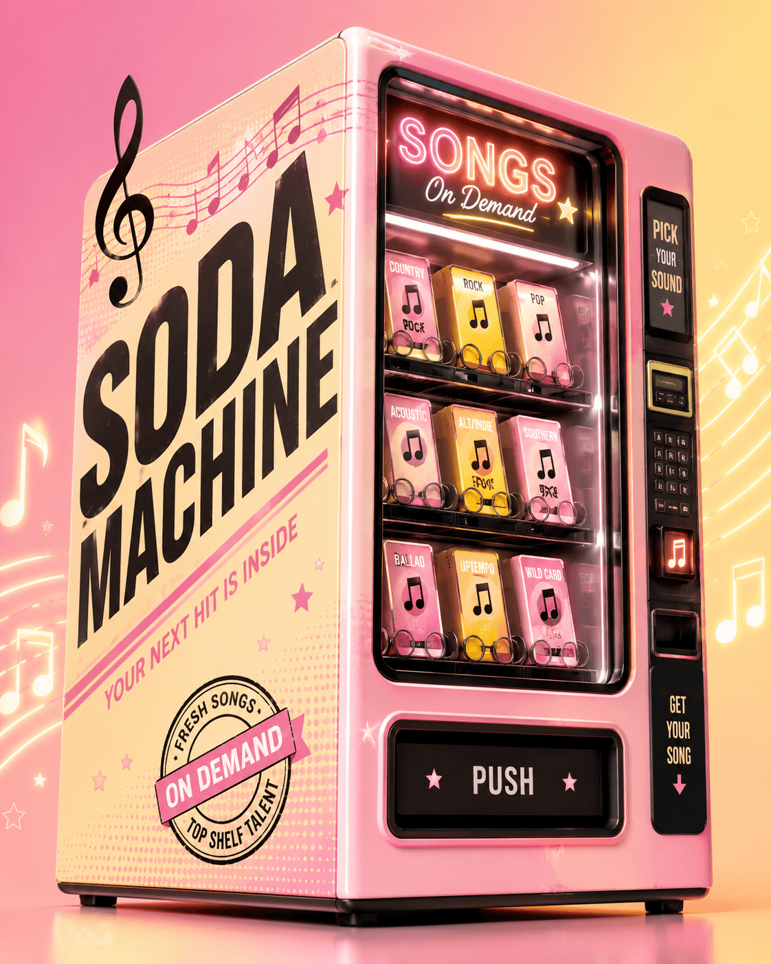Pink and yellow Soda Machine music vending machine